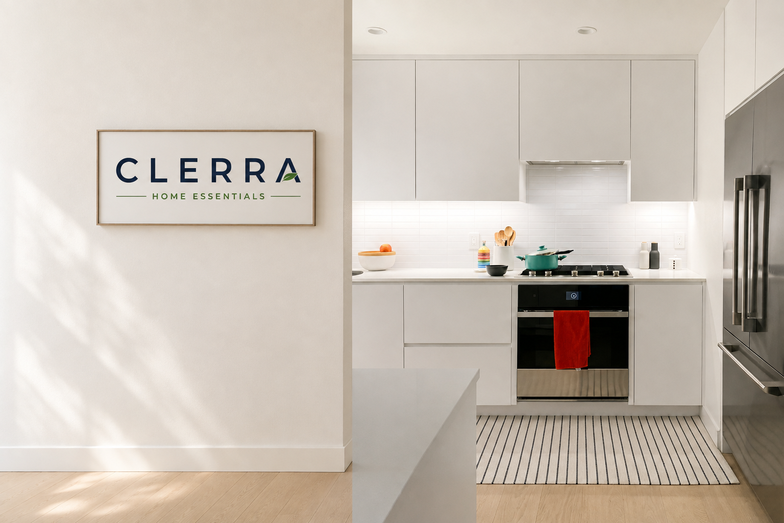 Contemporary kitchen with the CLERRA Home Essentials logo on a framed wall sign