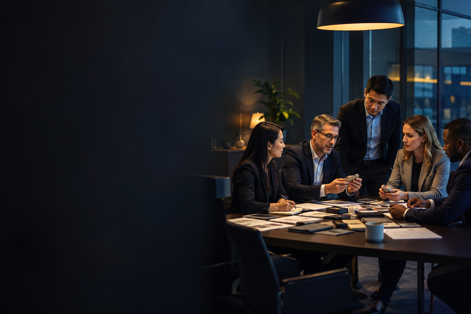 Business professionals discussing sourcing opportunities in a modern office